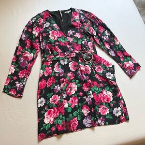 RONNY KOBO black pink rose floral print belted puff long sleeve mini dress